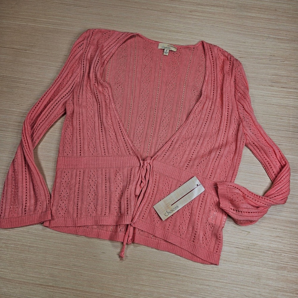Choices Tie Front Cardigan Women S Pink Crochet Knit Long Sleeve Boho NEW